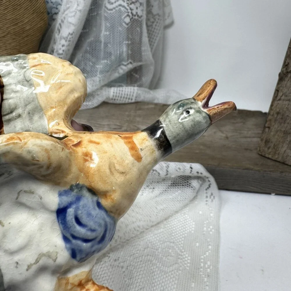 Vintage Ceramic Flying Mallard Duck Figurine Wall Pocket Planter Japan Mid-Centu